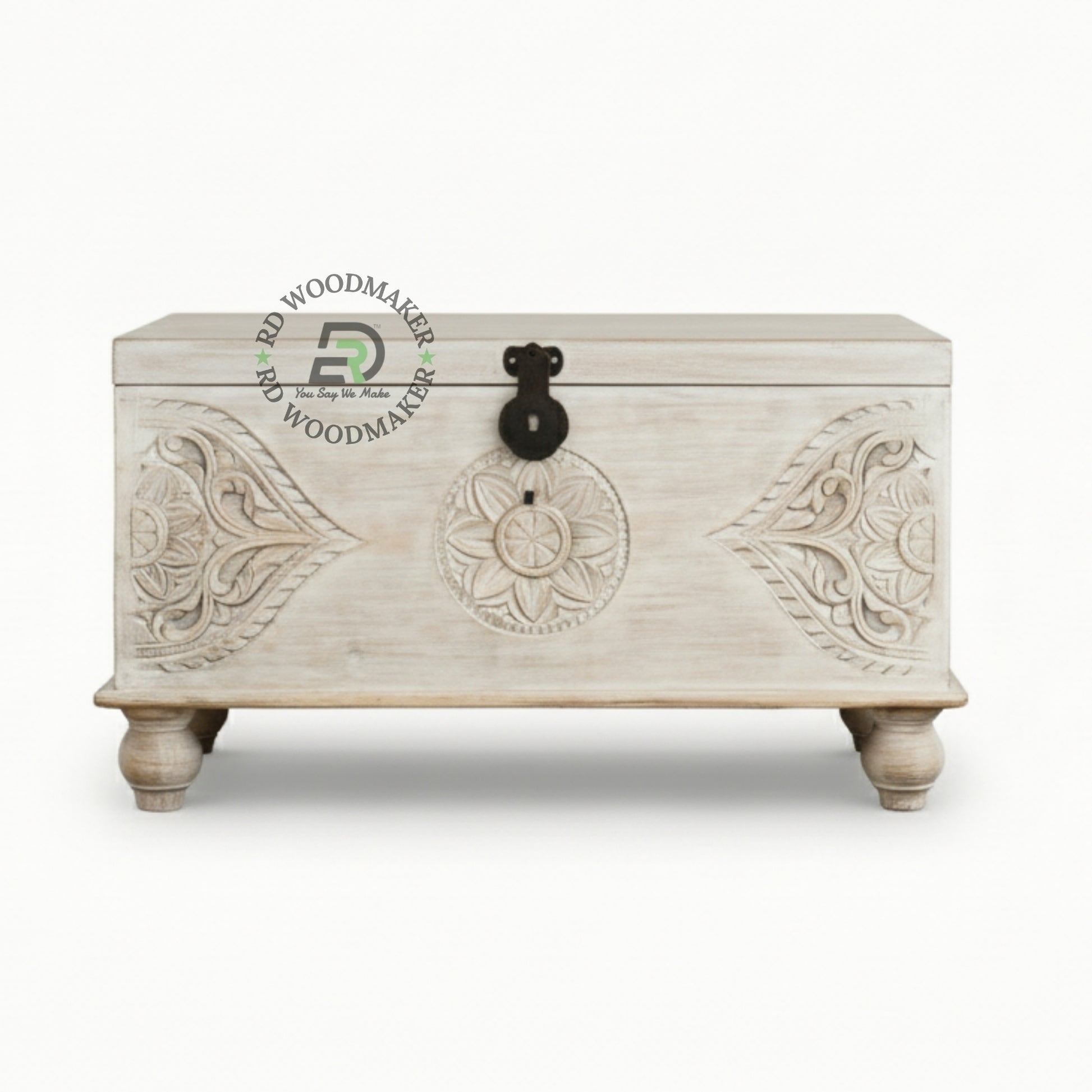 DISTRESSED WHITE CARVED MEDALLION WOODEN STORAGE TRUNK