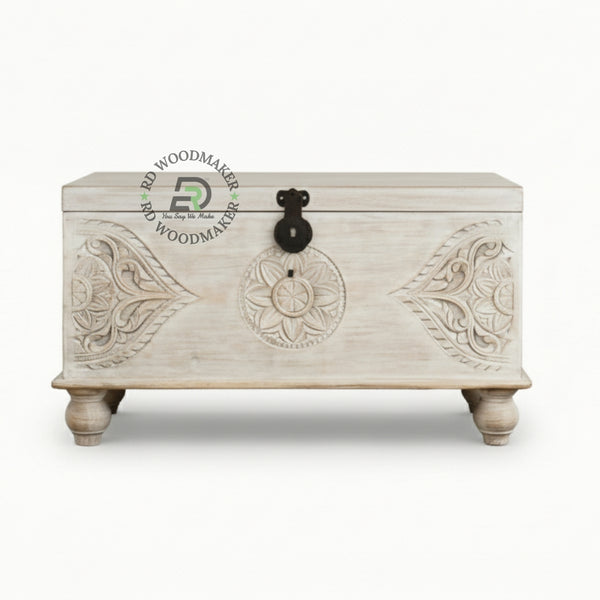 DISTRESSED WHITE CARVED MEDALLION WOODEN STORAGE TRUNK