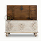 DISTRESSED WHITE CARVED MEDALLION WOODEN STORAGE TRUNK