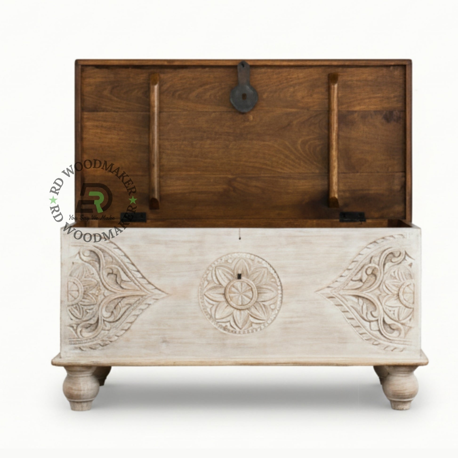 DISTRESSED WHITE CARVED MEDALLION WOODEN STORAGE TRUNK