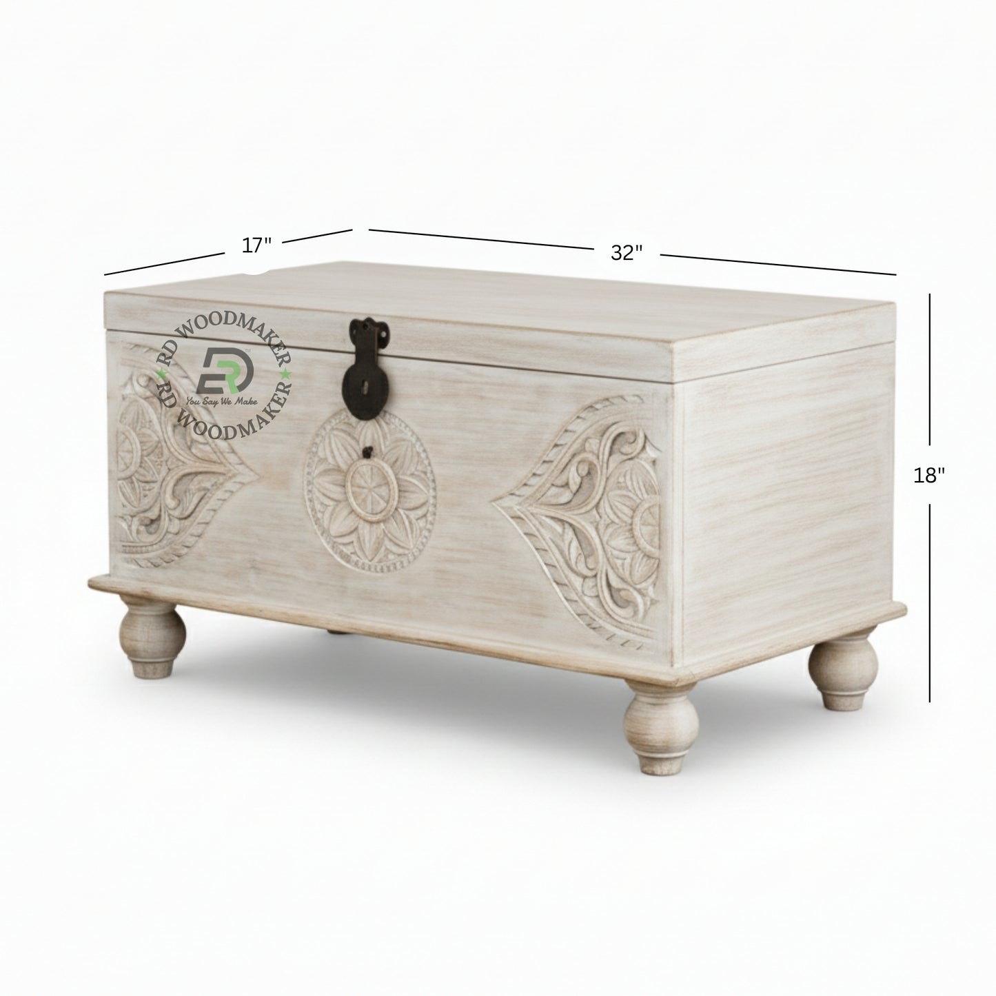 DISTRESSED WHITE CARVED MEDALLION WOODEN STORAGE TRUNK