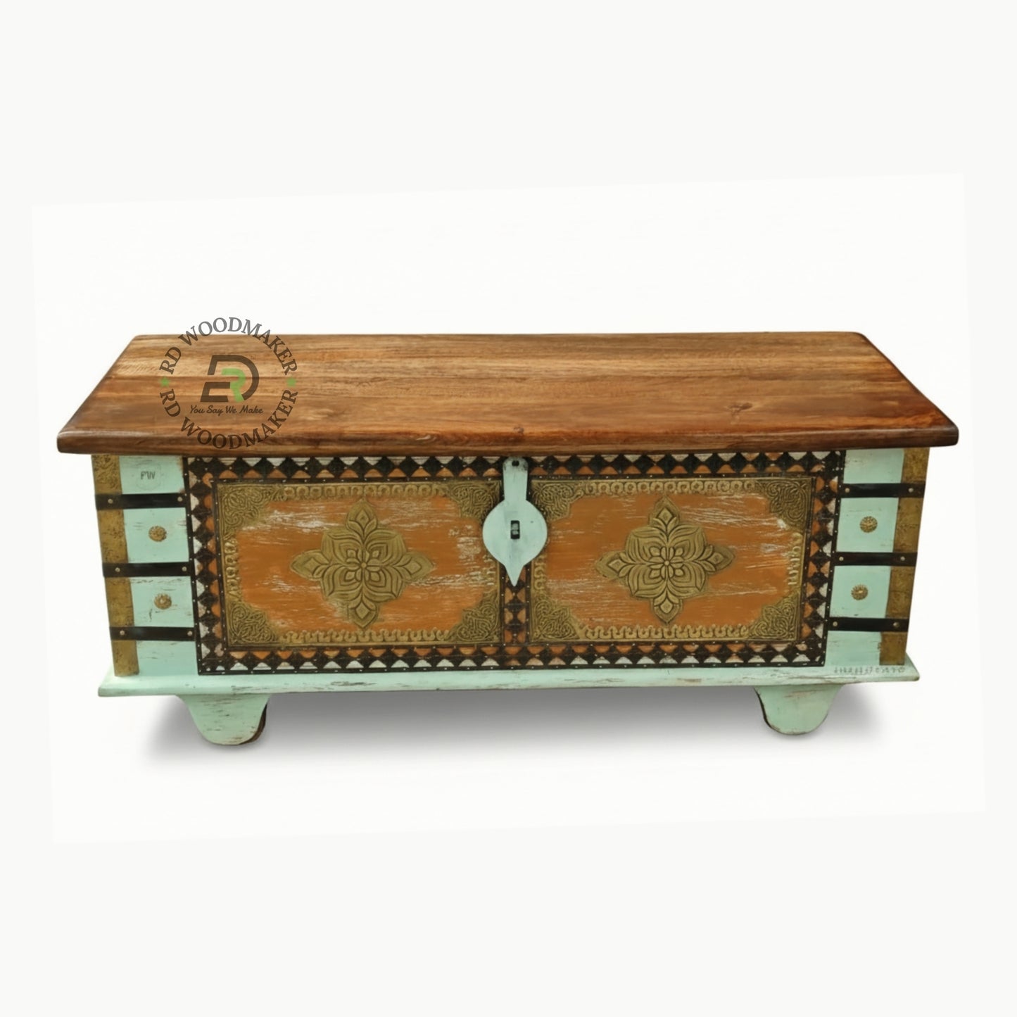 VINTAGE BOHEMIAN MULTICOLOR BRASS ACCENT WOODEN TRUNK