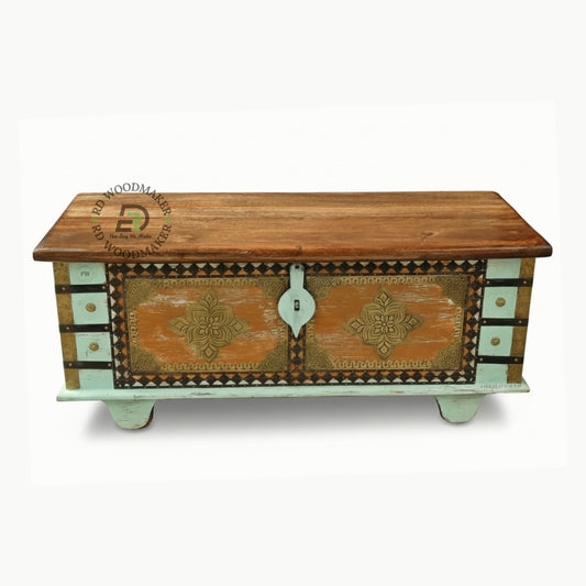 VINTAGE BOHEMIAN MULTICOLOR BRASS ACCENT WOODEN TRUNK