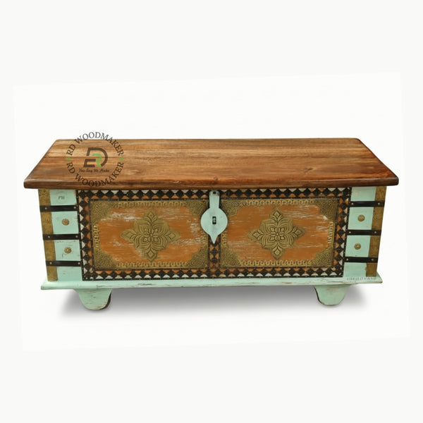 VINTAGE BOHEMIAN MULTICOLOR BRASS ACCENT WOODEN TRUNK