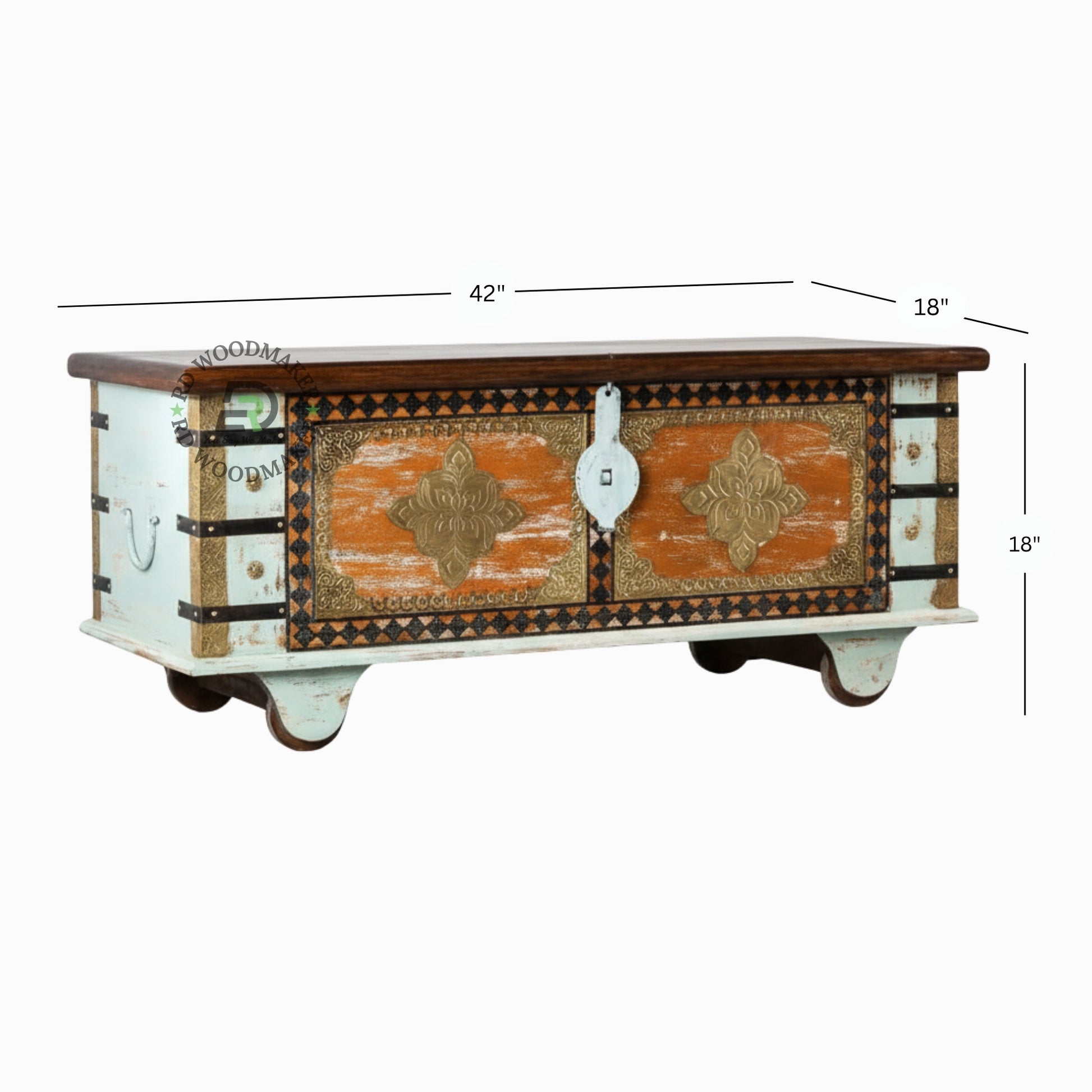 VINTAGE BOHEMIAN MULTICOLOR BRASS ACCENT WOODEN TRUNK