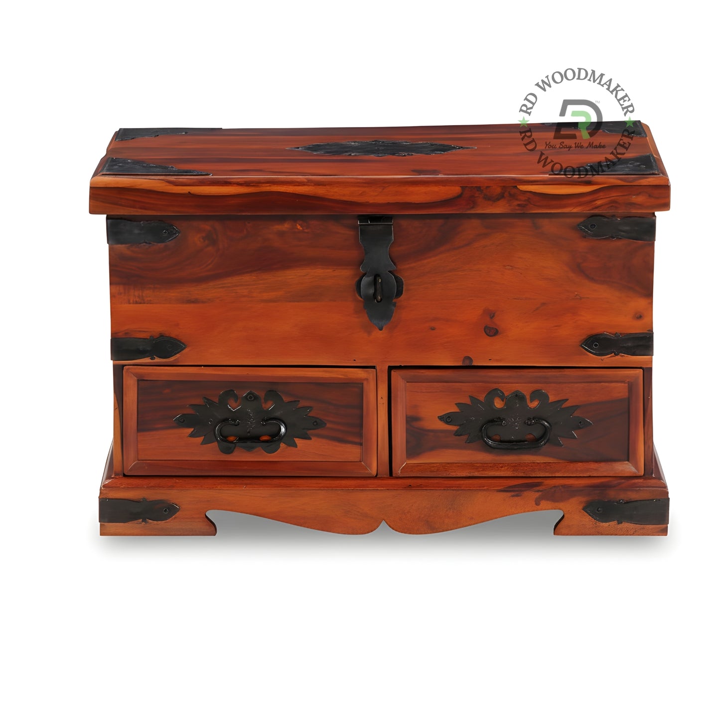 SOLID WOOD TRUNK WITH DRAWERS AND METAL HANDLES