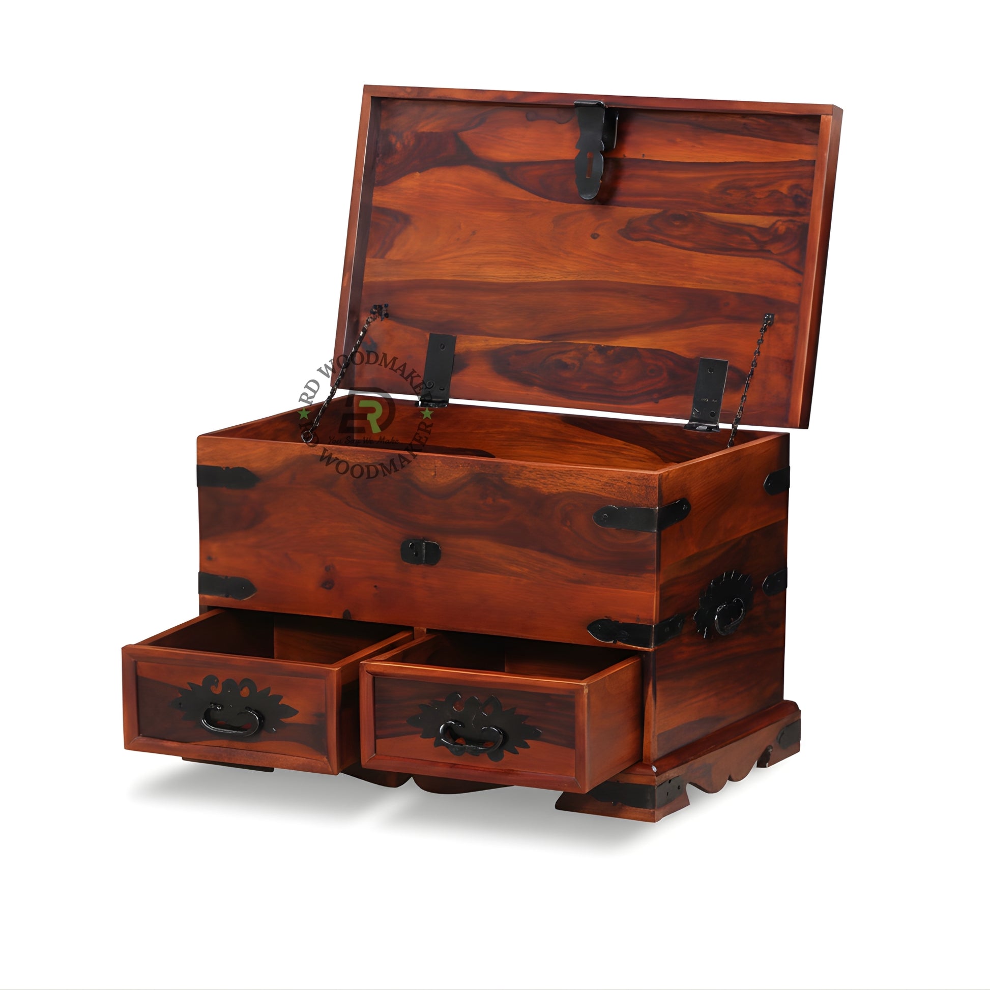 SOLID WOOD TRUNK WITH DRAWERS AND METAL HANDLES