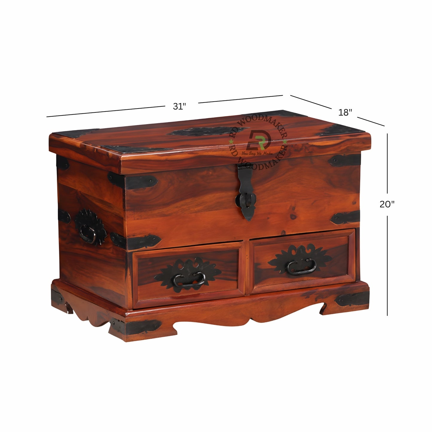 SOLID WOOD TRUNK WITH DRAWERS AND METAL HANDLES