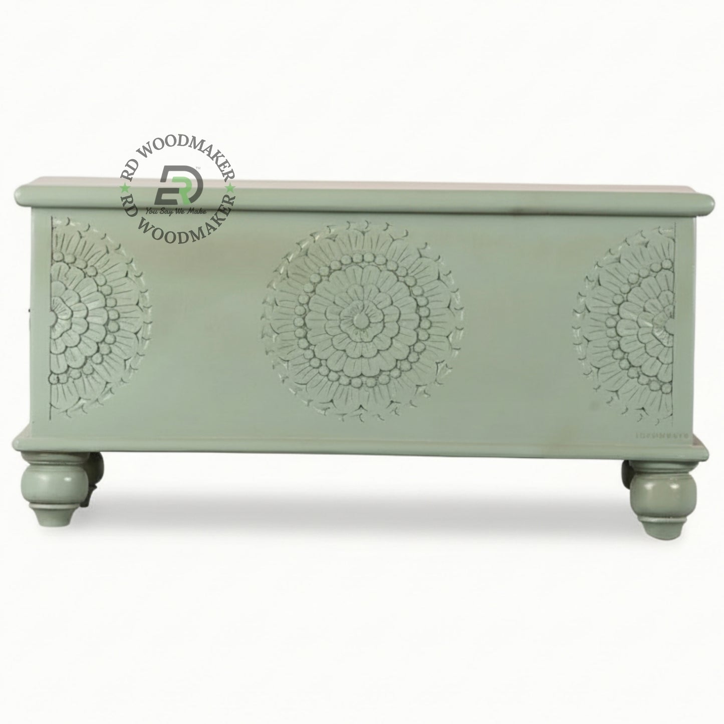 SAGE GREEN CARVED MANDALA WOODEN STORAGE TRUNK