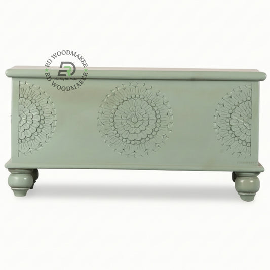 SAGE GREEN CARVED MANDALA WOODEN STORAGE TRUNK