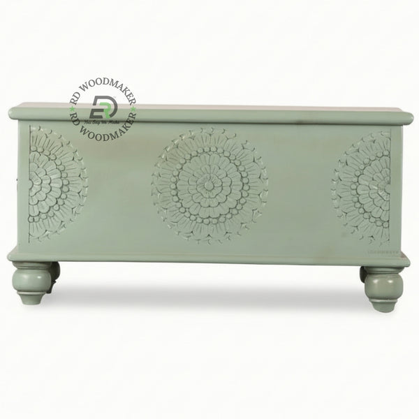SAGE GREEN CARVED MANDALA WOODEN STORAGE TRUNK