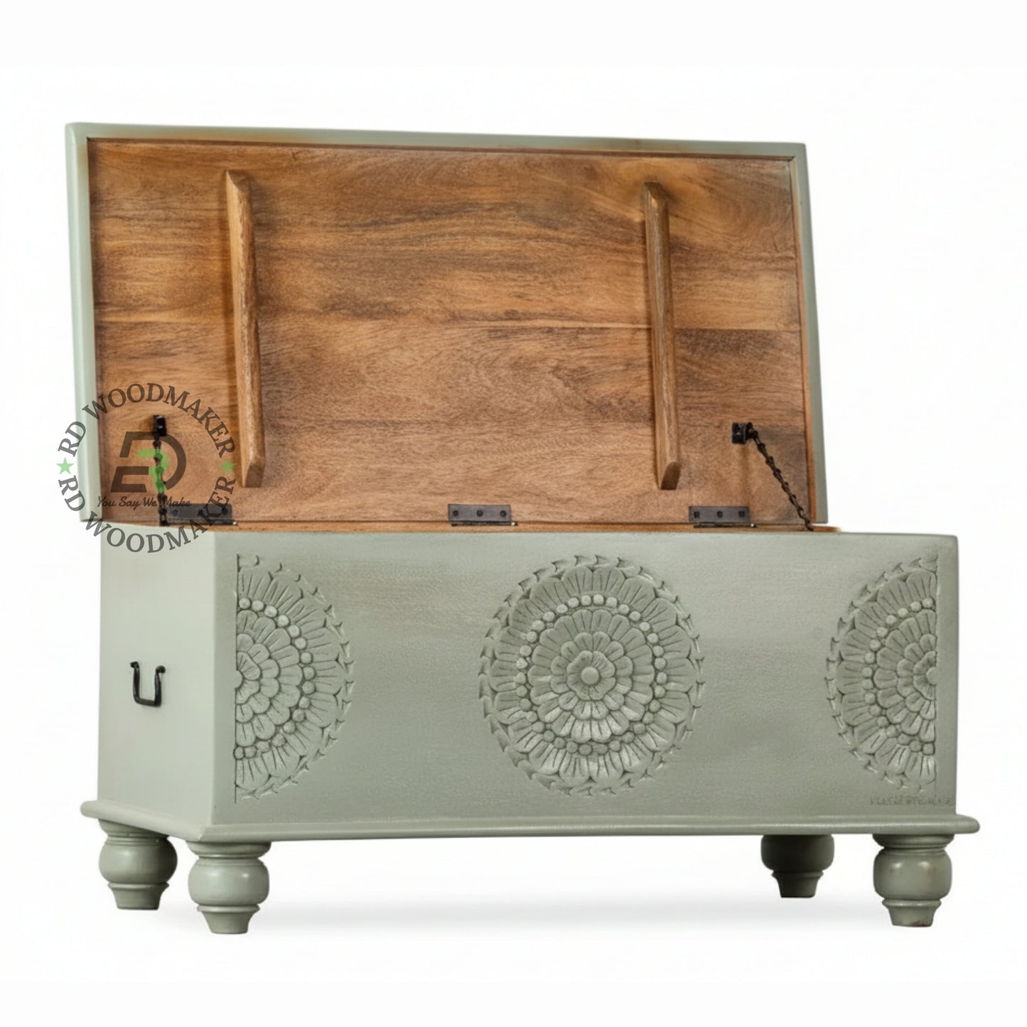 SAGE GREEN CARVED MANDALA WOODEN STORAGE TRUNK