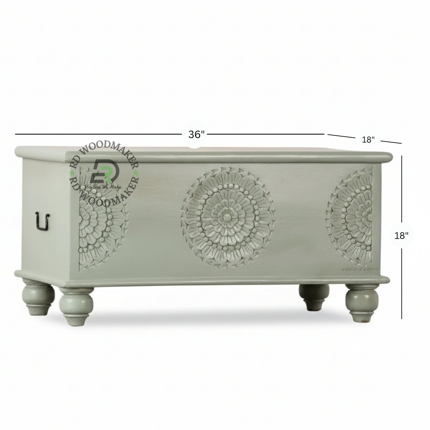 SAGE GREEN CARVED MANDALA WOODEN STORAGE TRUNK