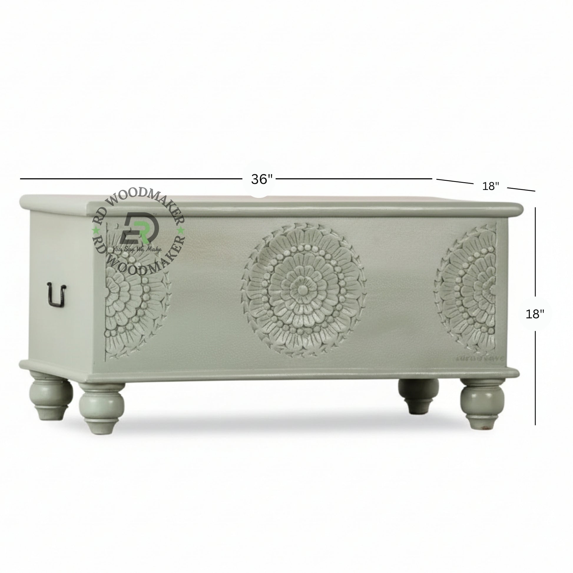 SAGE GREEN CARVED MANDALA WOODEN STORAGE TRUNK