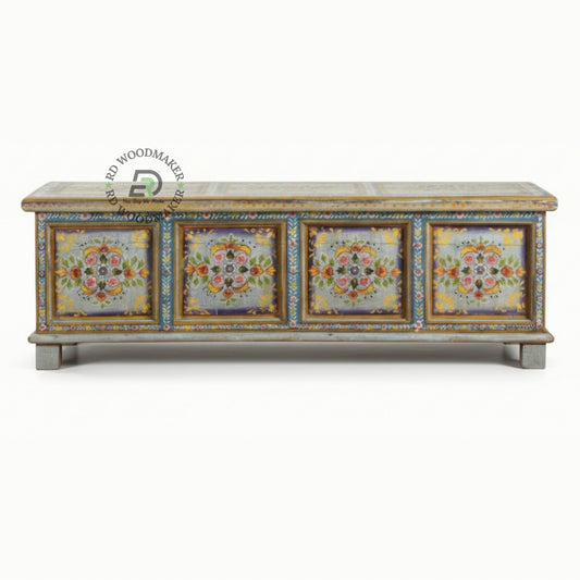 VINTAGE HAND-PAINTED FLORAL WOODEN TRUNK