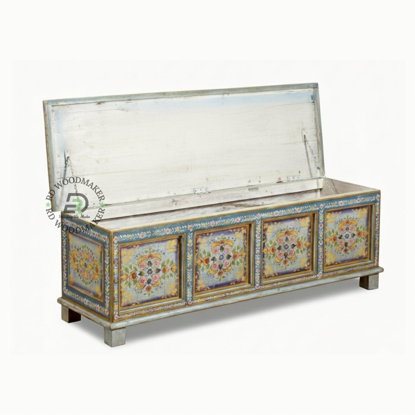 VINTAGE HAND-PAINTED FLORAL WOODEN TRUNK
