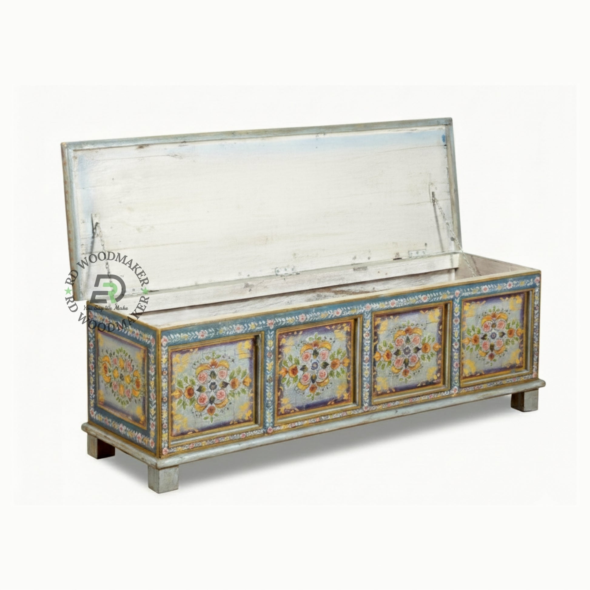 VINTAGE HAND-PAINTED FLORAL WOODEN TRUNK