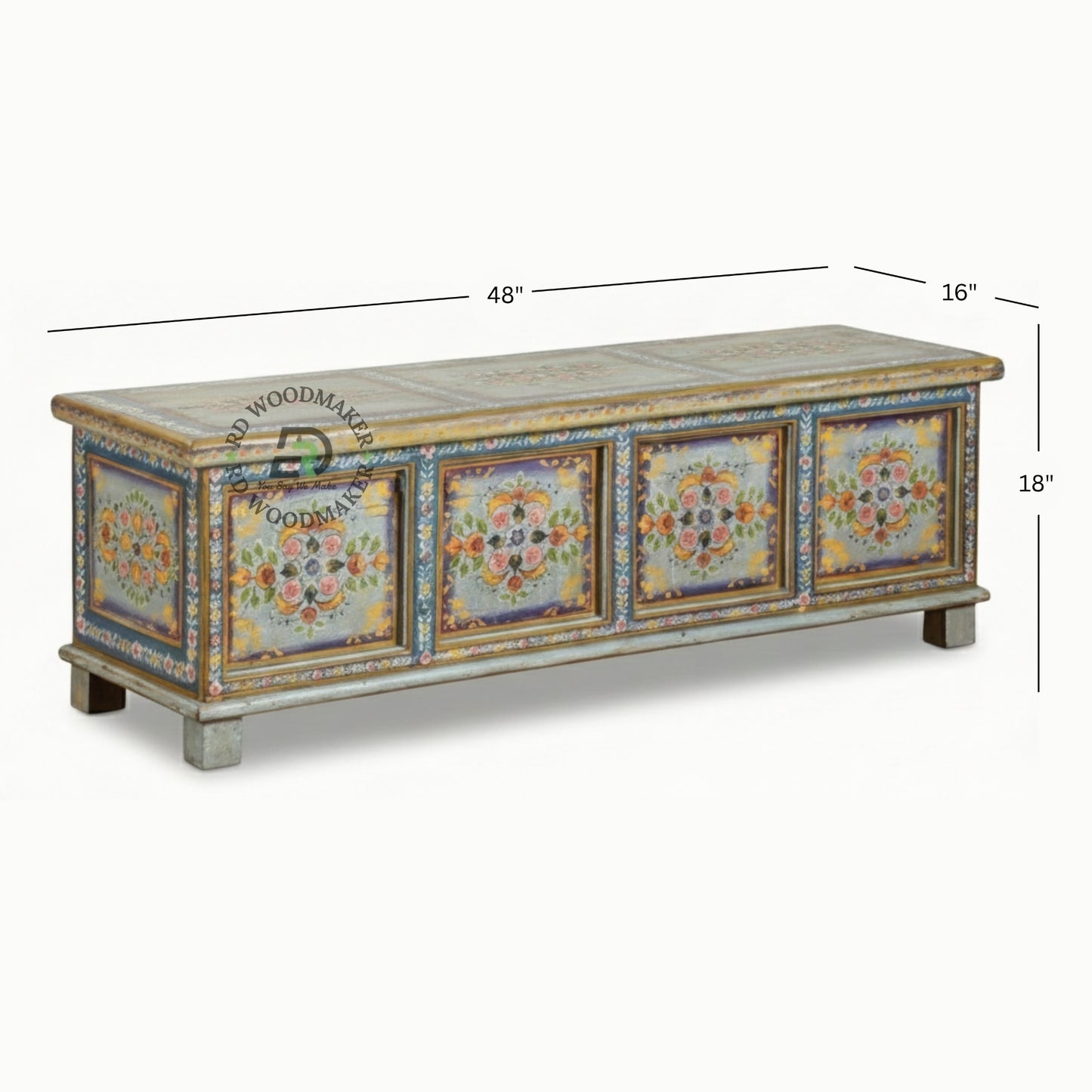 VINTAGE HAND-PAINTED FLORAL WOODEN TRUNK