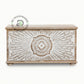 DISTRESSED WHITE SUNBURST CARVED WOODEN TRUNK