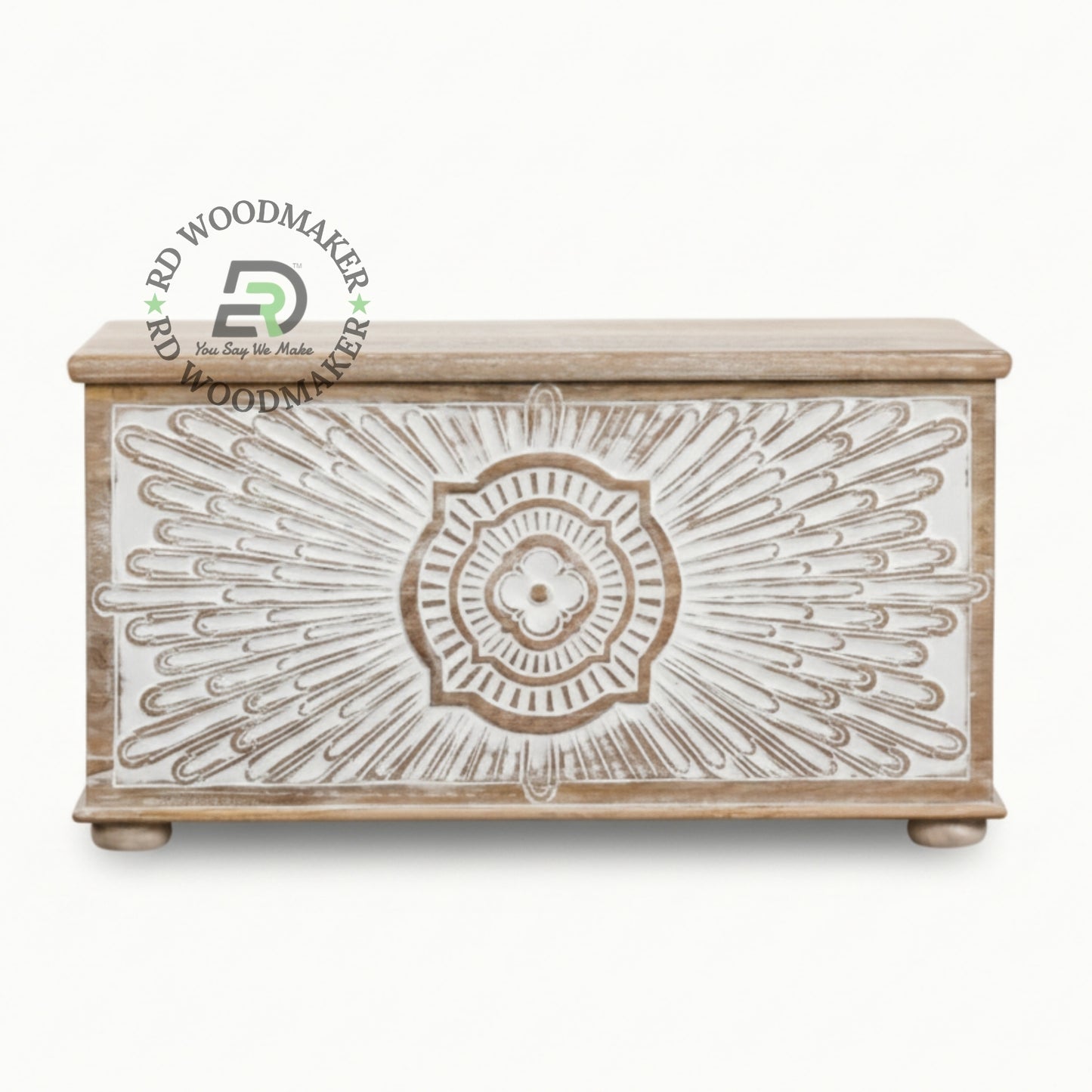 DISTRESSED WHITE SUNBURST CARVED WOODEN TRUNK