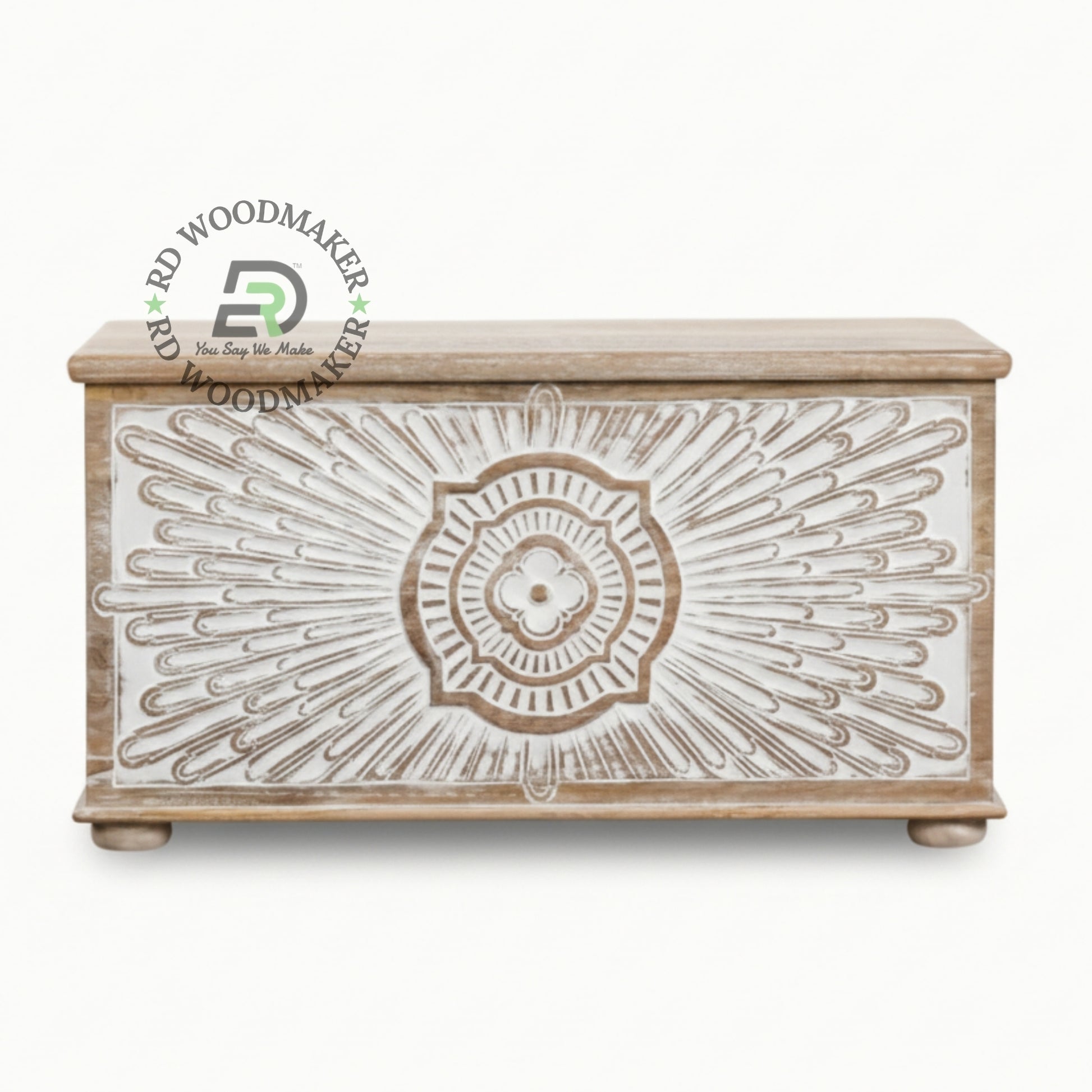 DISTRESSED WHITE SUNBURST CARVED WOODEN TRUNK