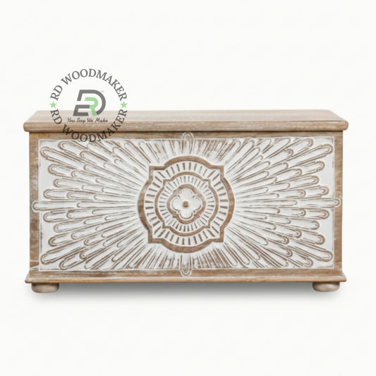 DISTRESSED WHITE SUNBURST CARVED WOODEN TRUNK