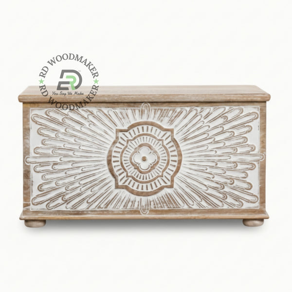 DISTRESSED WHITE SUNBURST CARVED WOODEN TRUNK
