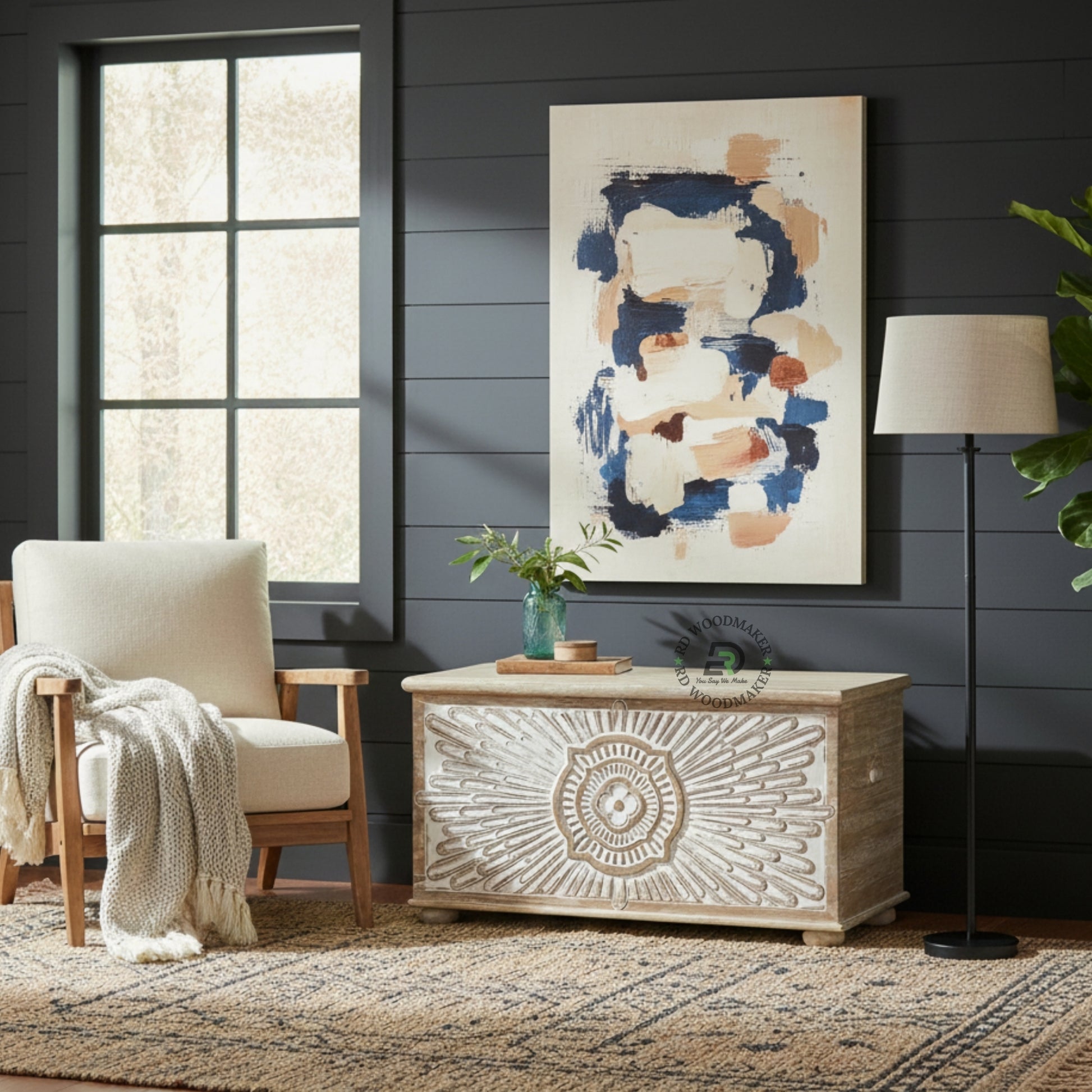 DISTRESSED WHITE SUNBURST CARVED WOODEN TRUNK