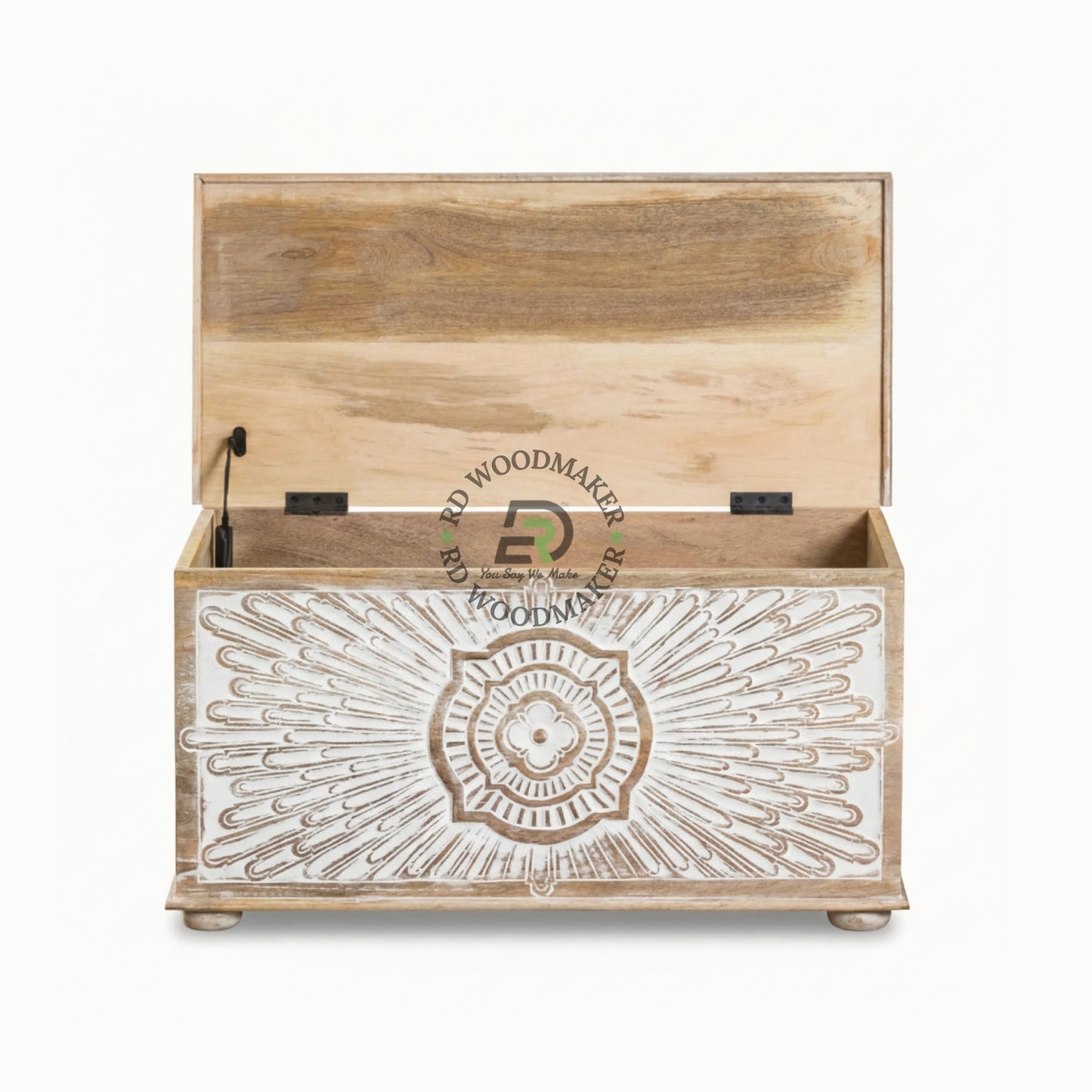 DISTRESSED WHITE SUNBURST CARVED WOODEN TRUNK