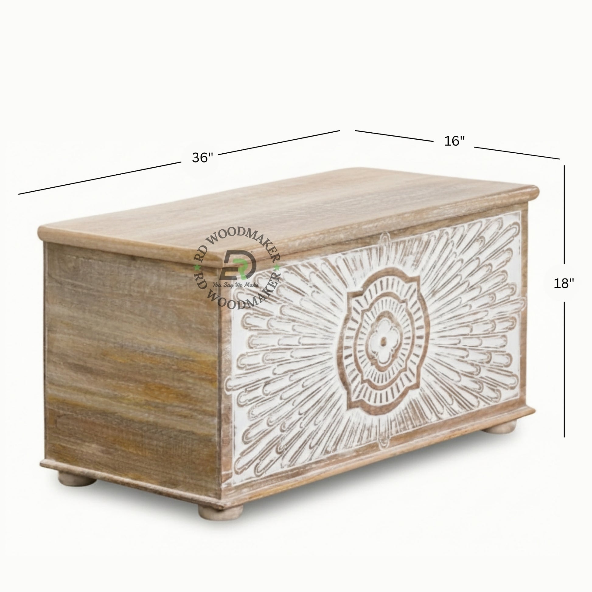 DISTRESSED WHITE SUNBURST CARVED WOODEN TRUNK