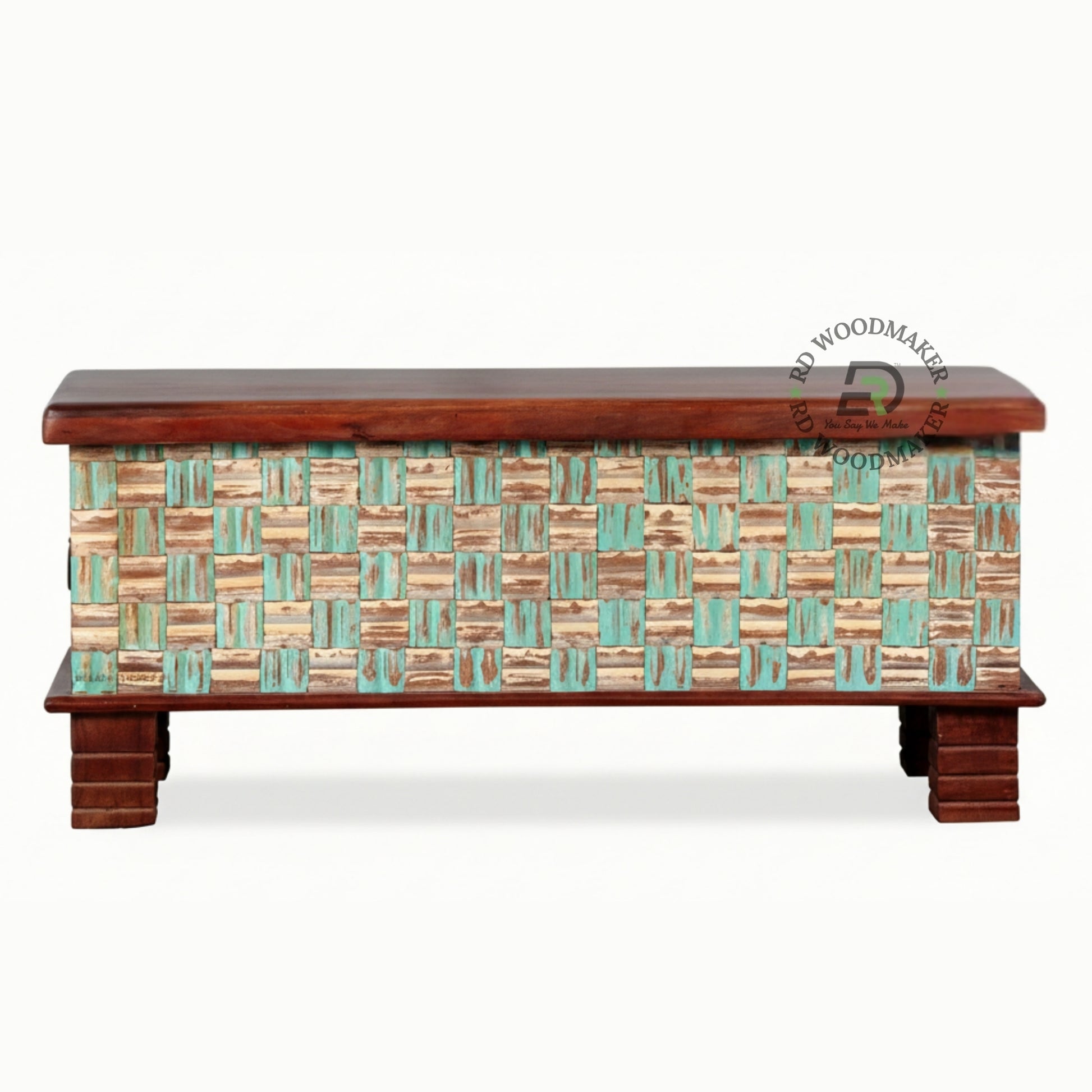 RUSTIC TEAL WOVEN BLOCK PATTERN WOODEN TRUNK