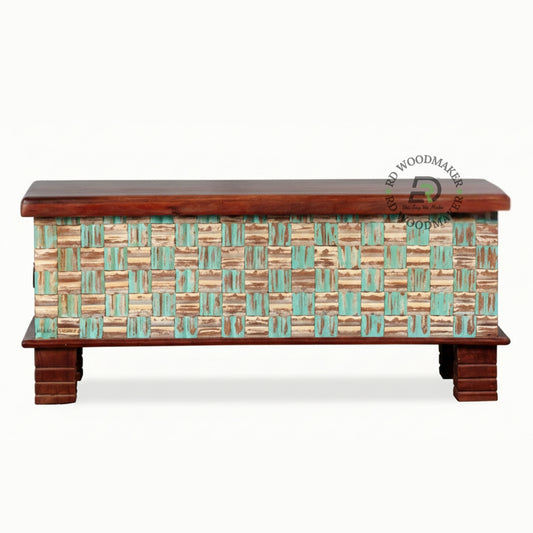 RUSTIC TEAL WOVEN BLOCK PATTERN WOODEN TRUNK