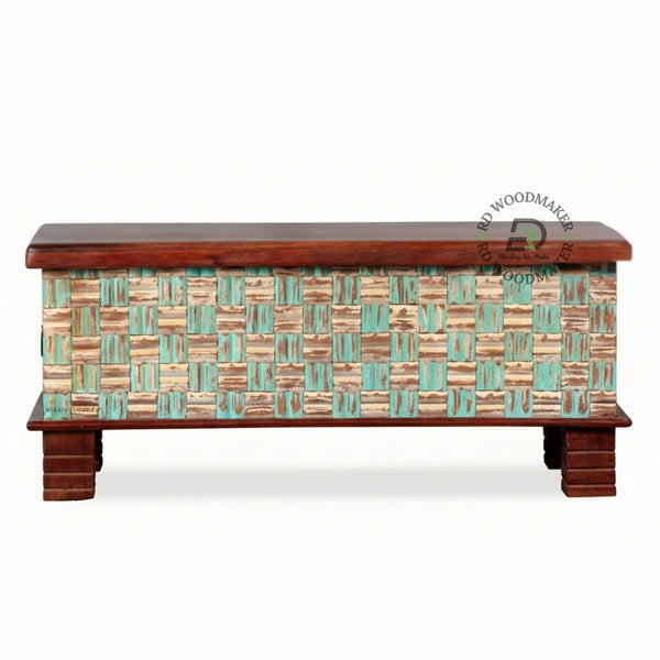 RUSTIC TEAL WOVEN BLOCK PATTERN WOODEN TRUNK