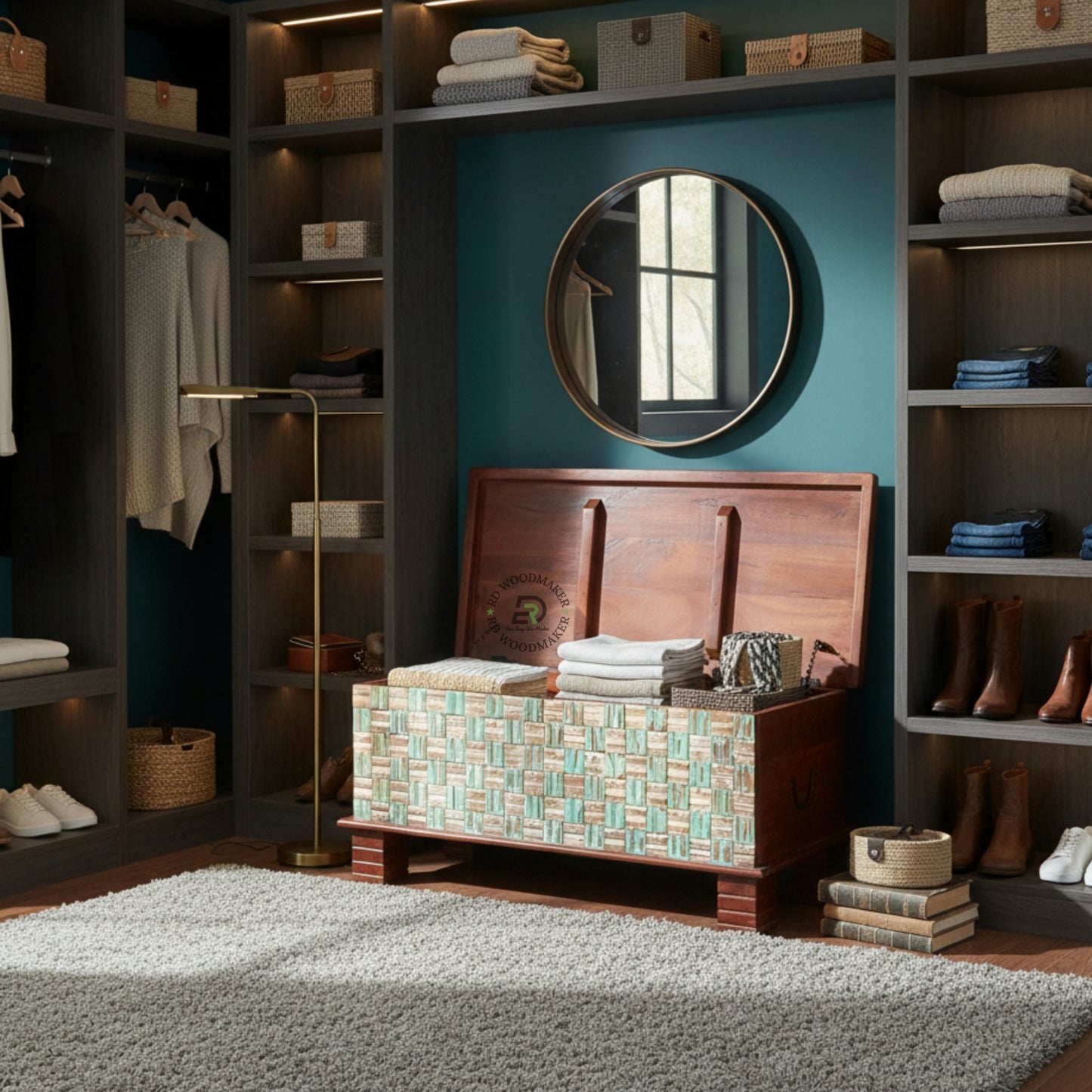RUSTIC TEAL WOVEN BLOCK PATTERN WOODEN TRUNK