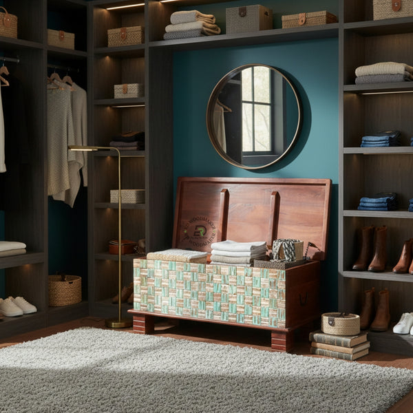 RUSTIC TEAL WOVEN BLOCK PATTERN WOODEN TRUNK