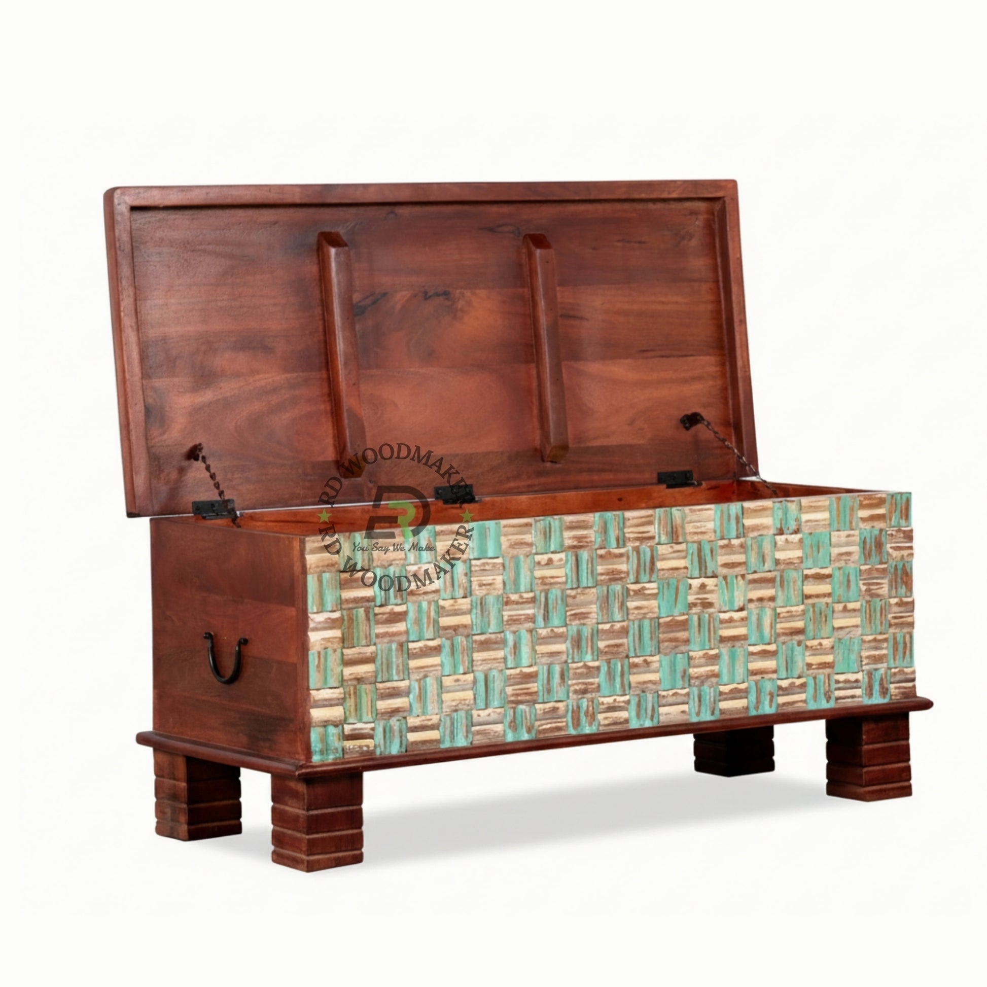 RUSTIC TEAL WOVEN BLOCK PATTERN WOODEN TRUNK
