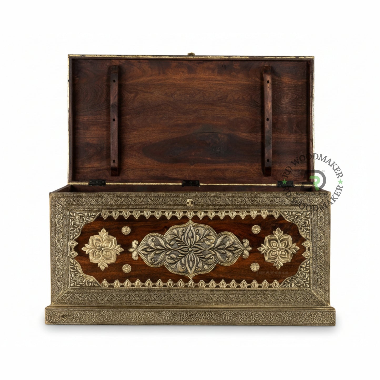 ANTIQUE BRASS INLAY DARK WOOD STORAGE TRUNK