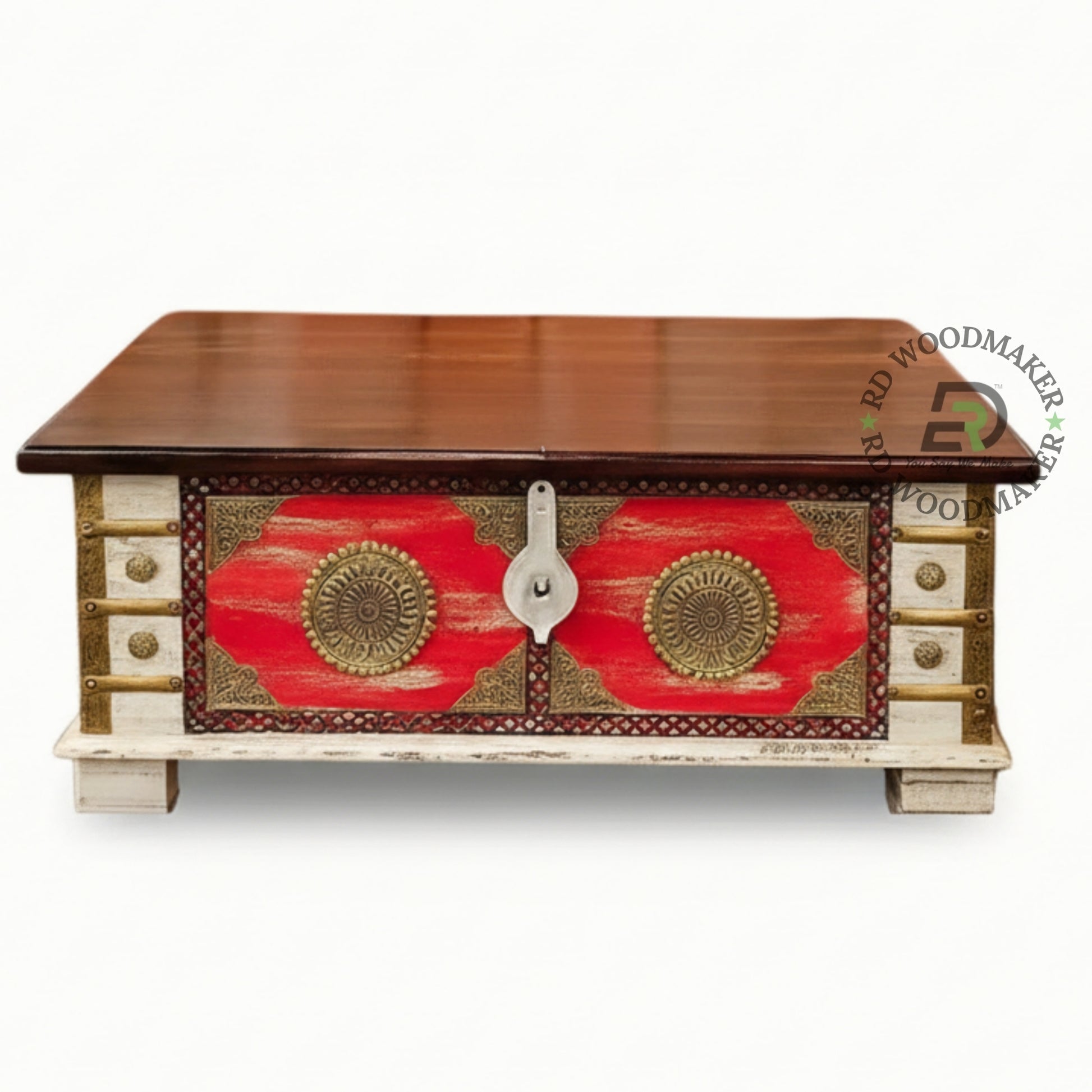 VINTAGE RED DISTRESSED BRASS ACCENT WOODEN TRUNK