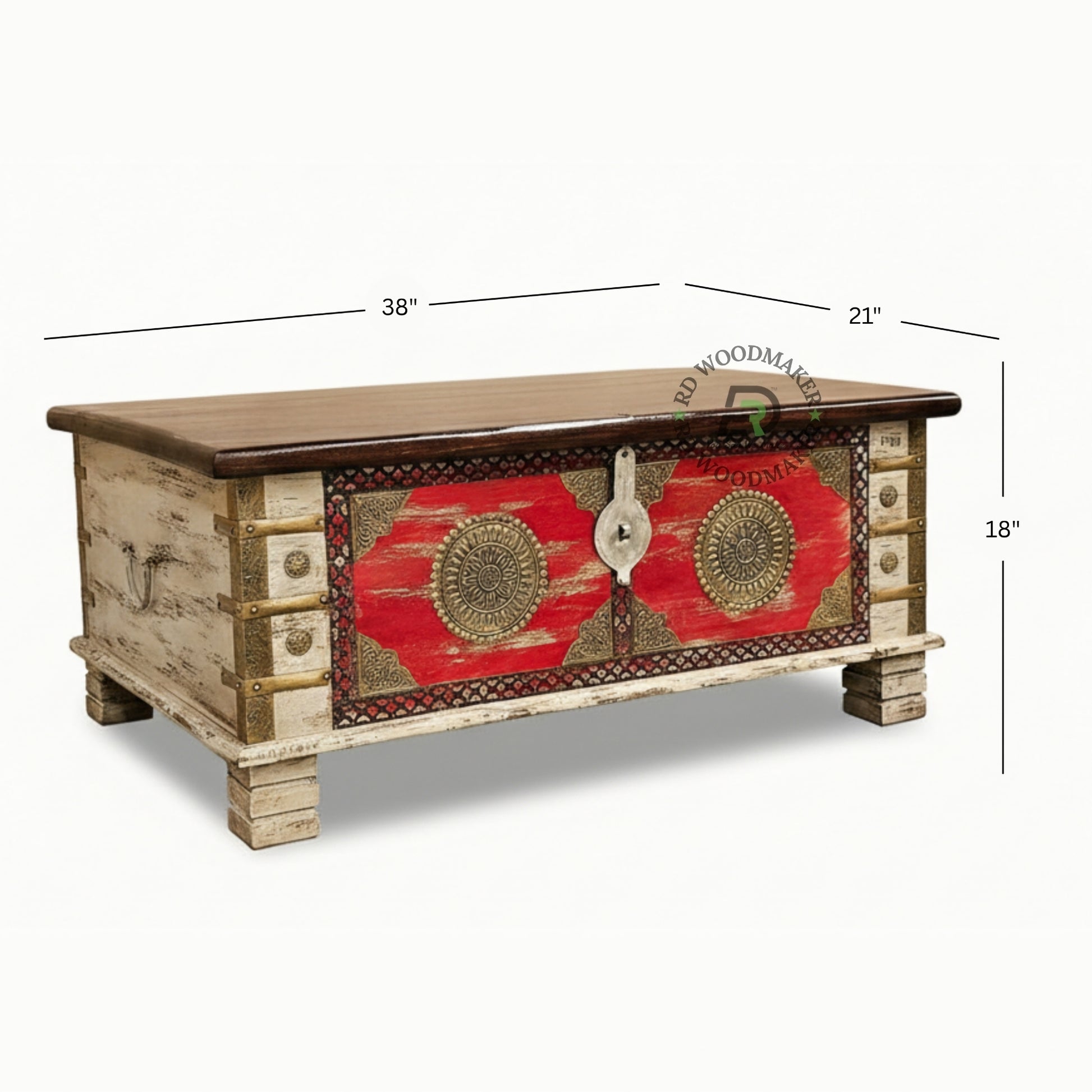 VINTAGE RED DISTRESSED BRASS ACCENT WOODEN TRUNK