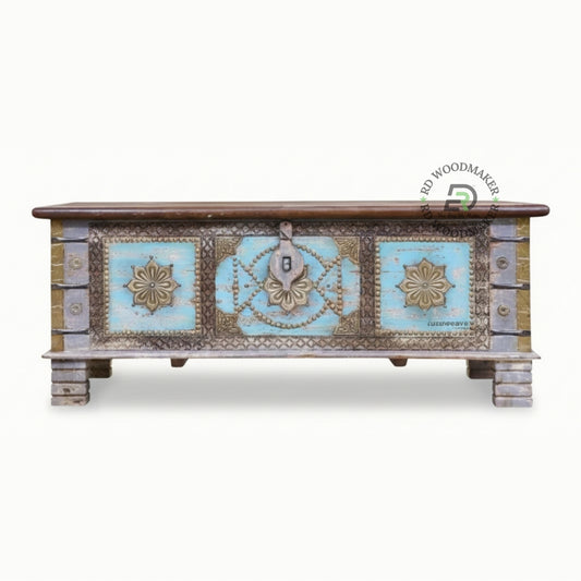DISTRESSED LIGHT BLUE VINTAGE BRASS ACCENT WOODEN TRUNK