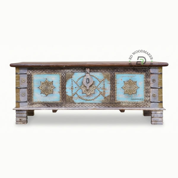 DISTRESSED LIGHT BLUE VINTAGE BRASS ACCENT WOODEN TRUNK
