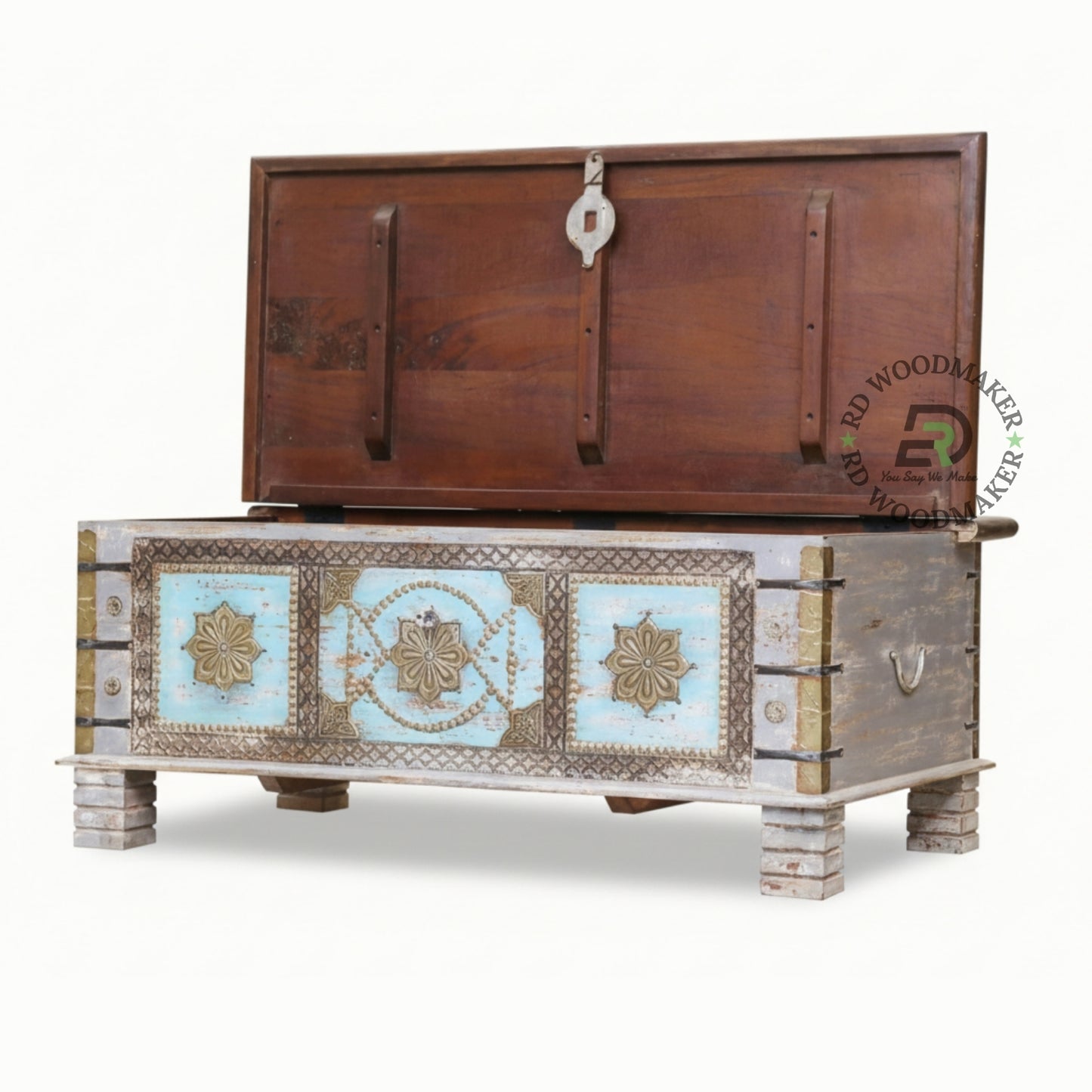 DISTRESSED LIGHT BLUE VINTAGE BRASS ACCENT WOODEN TRUNK