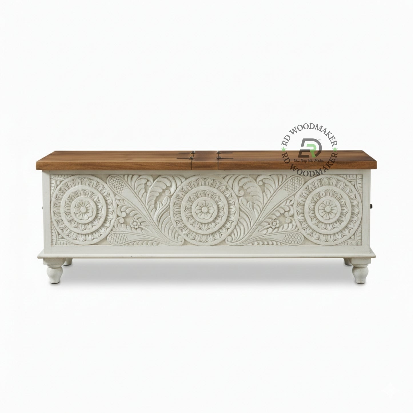 HAND-CARVED DISTRESSED WHITE FLORAL MEDALLION WOODEN TRUNK