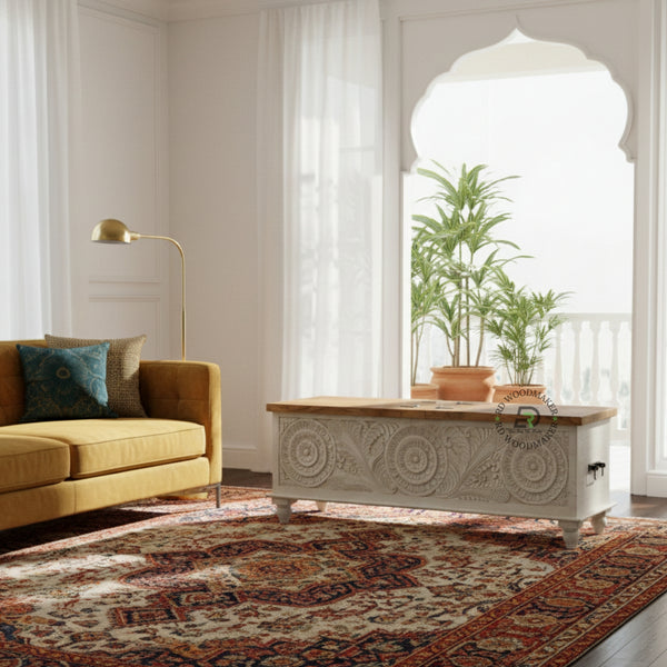 HAND-CARVED DISTRESSED WHITE FLORAL MEDALLION WOODEN TRUNK