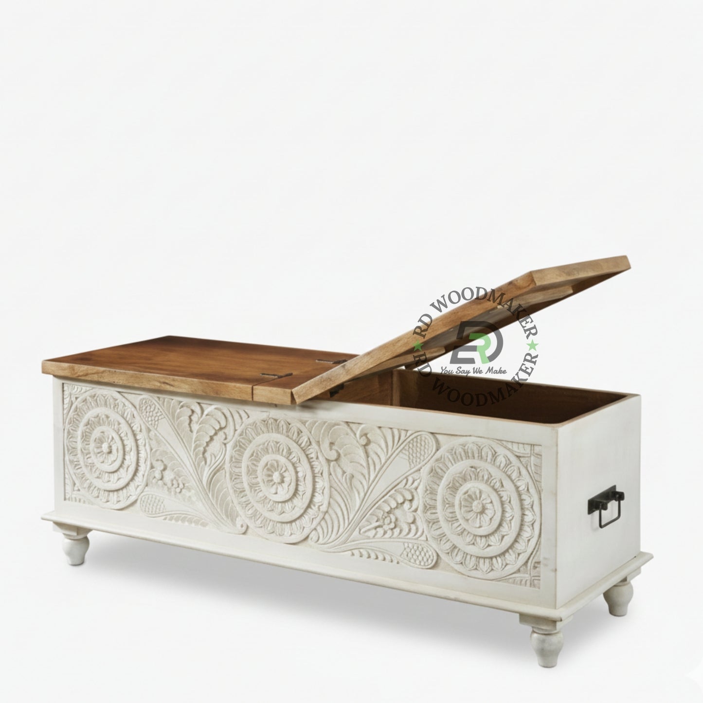 HAND-CARVED DISTRESSED WHITE FLORAL MEDALLION WOODEN TRUNK