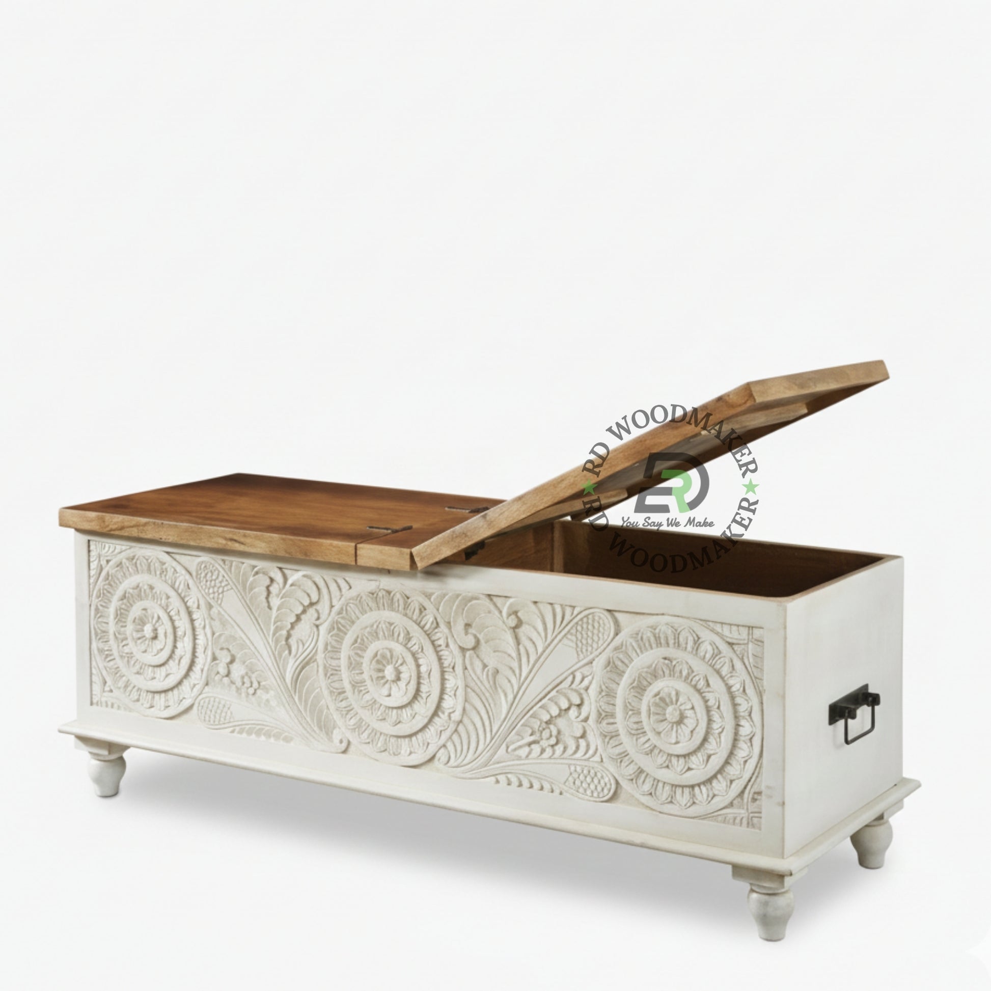 HAND-CARVED DISTRESSED WHITE FLORAL MEDALLION WOODEN TRUNK