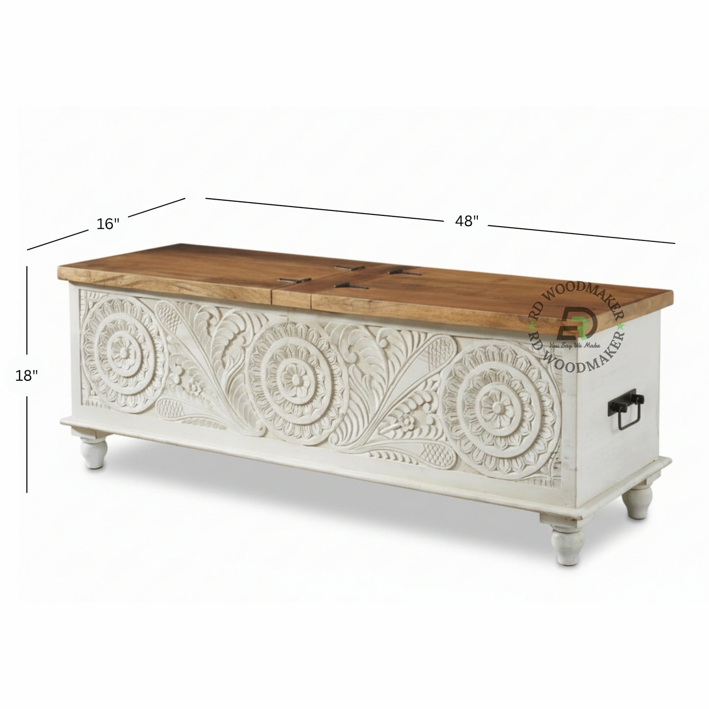 HAND-CARVED DISTRESSED WHITE FLORAL MEDALLION WOODEN TRUNK