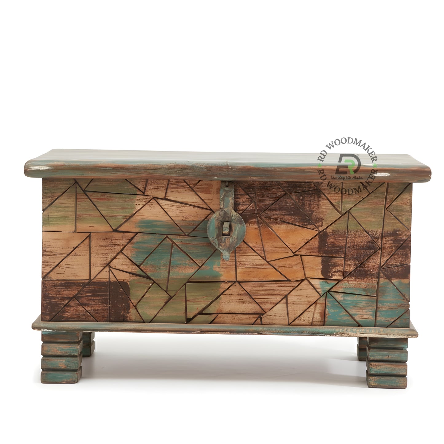 GEOMETRIC PATTERN HANDPAINTED WOODEN STORAGE TRUNK