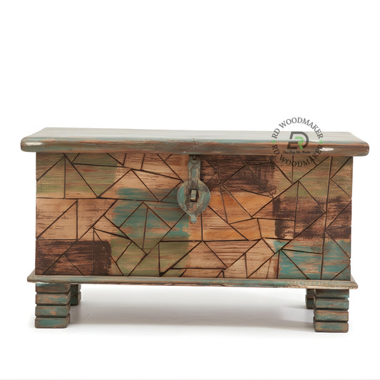 GEOMETRIC PATTERN HANDPAINTED WOODEN STORAGE TRUNK