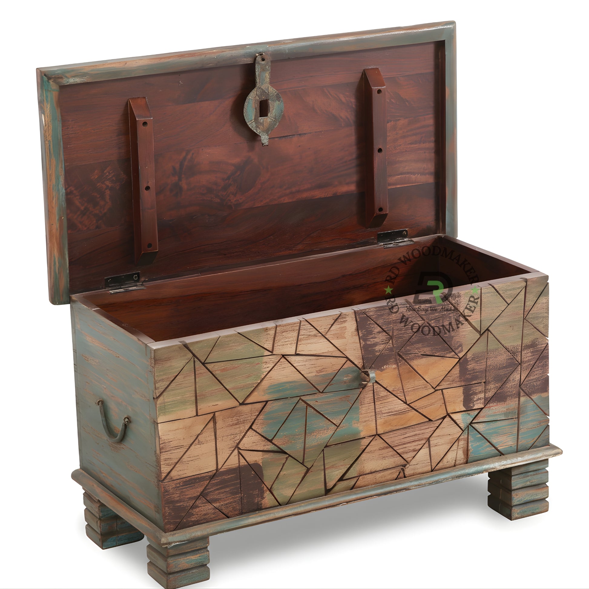 GEOMETRIC PATTERN HANDPAINTED WOODEN STORAGE TRUNK